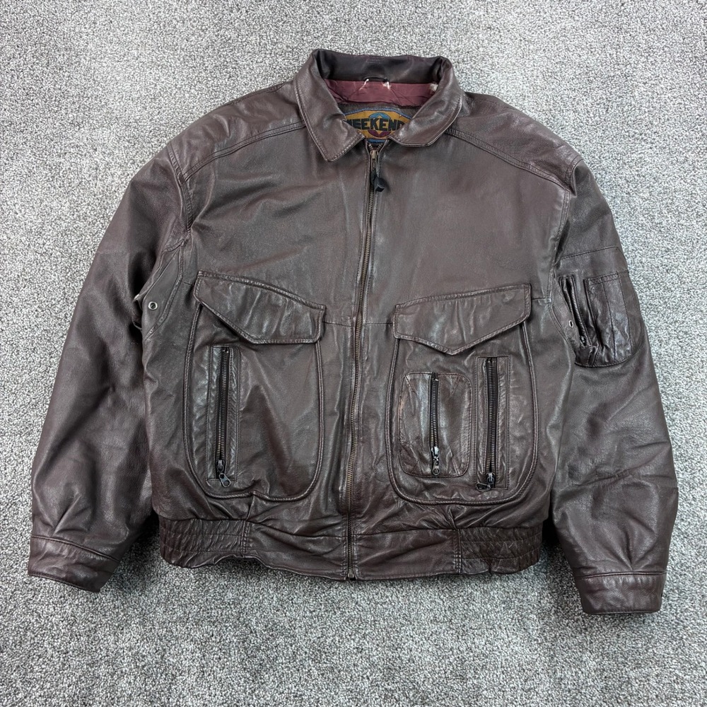 Vintage Weekends Bomber Jacket Mens XL Brown Leather Multi Pocket Utility Flight
